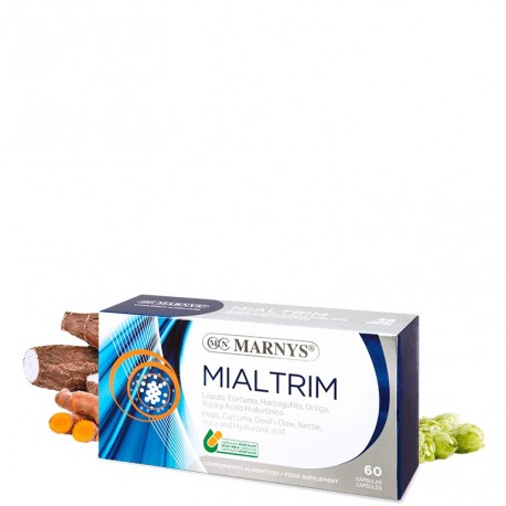 MIALTRIM   Lúpulo + Yuca + Cúrcuma + Vit C + Harpagofito + Ortiga + Acido hialurónico